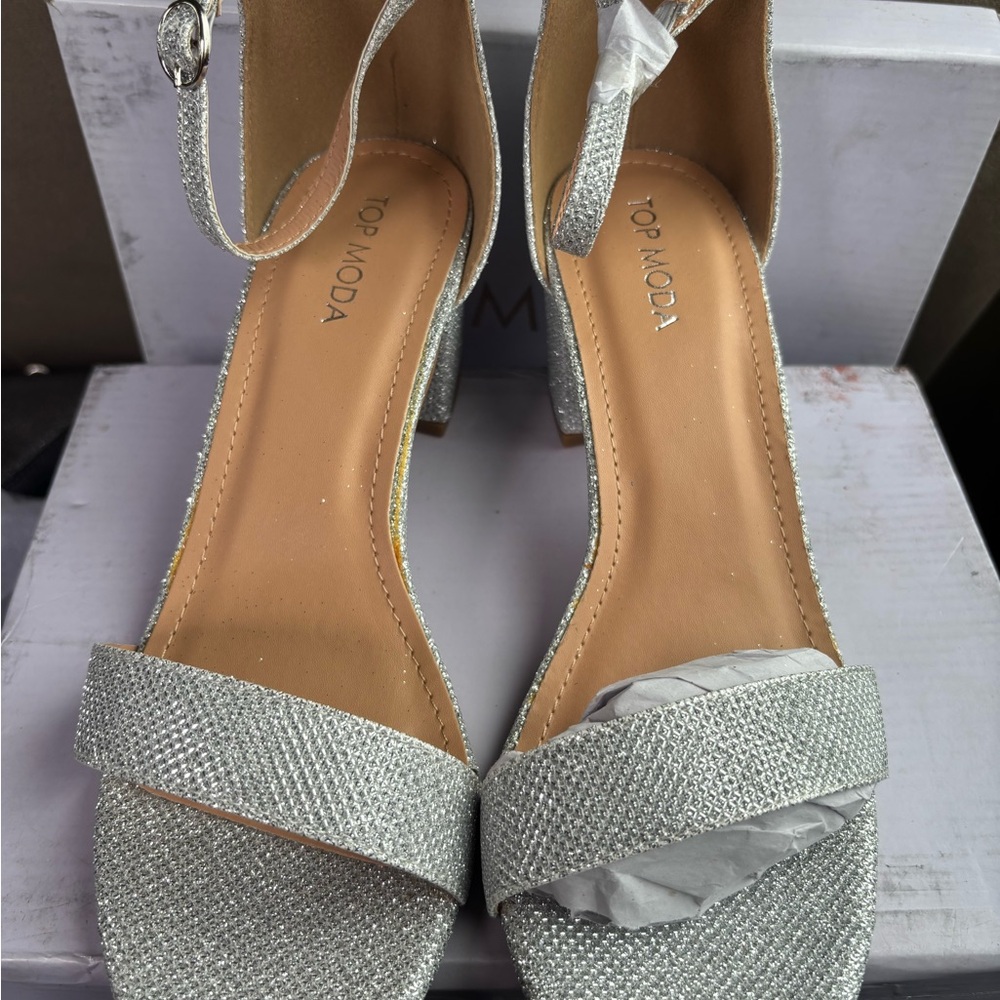 Qupid Silver Heels with Ankle Strap and Knotted Toe